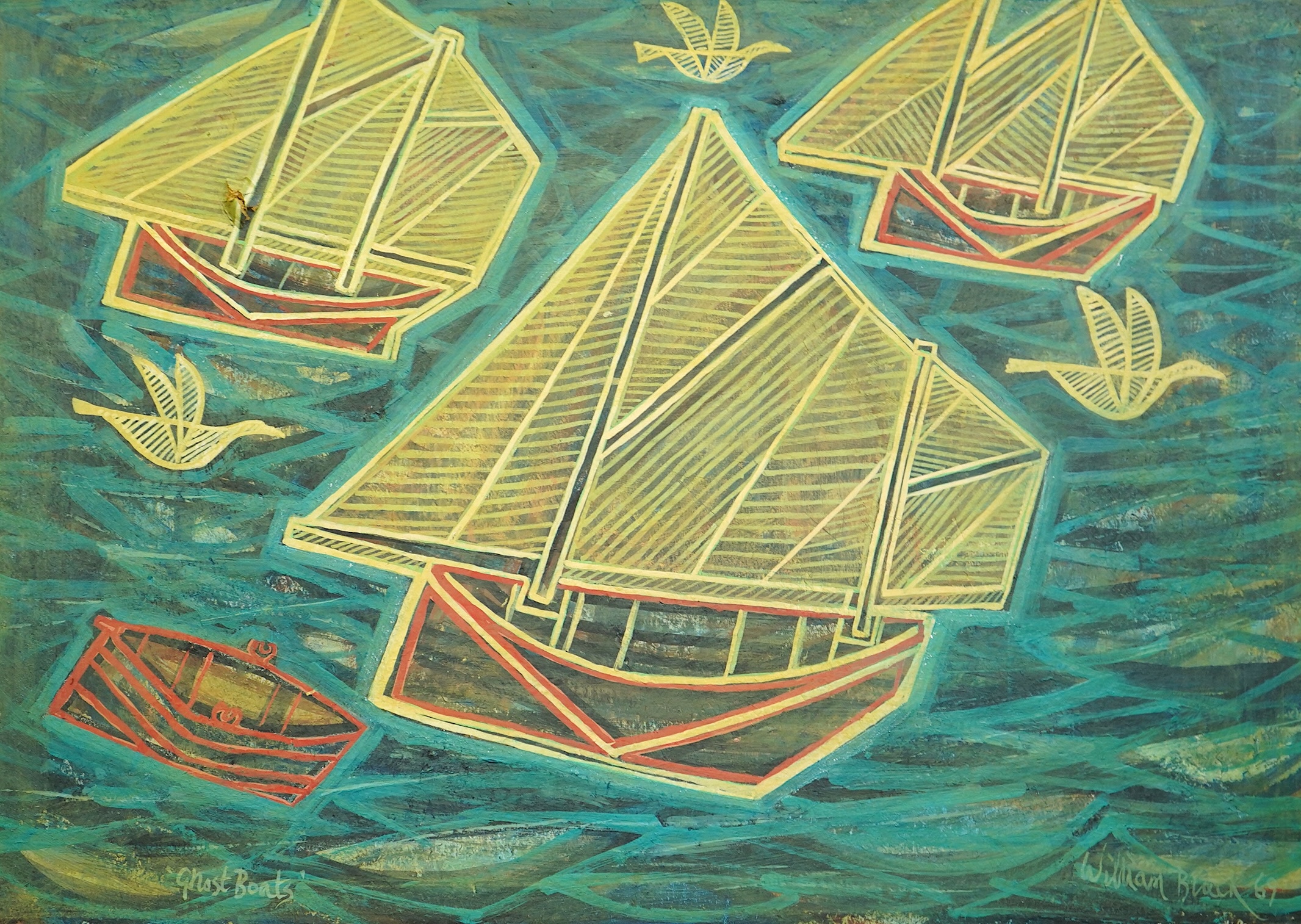 William Black (St. Ives, fl.1950s-1960s), 'Ghost Boats', mixed media on board, 42 x 60cm